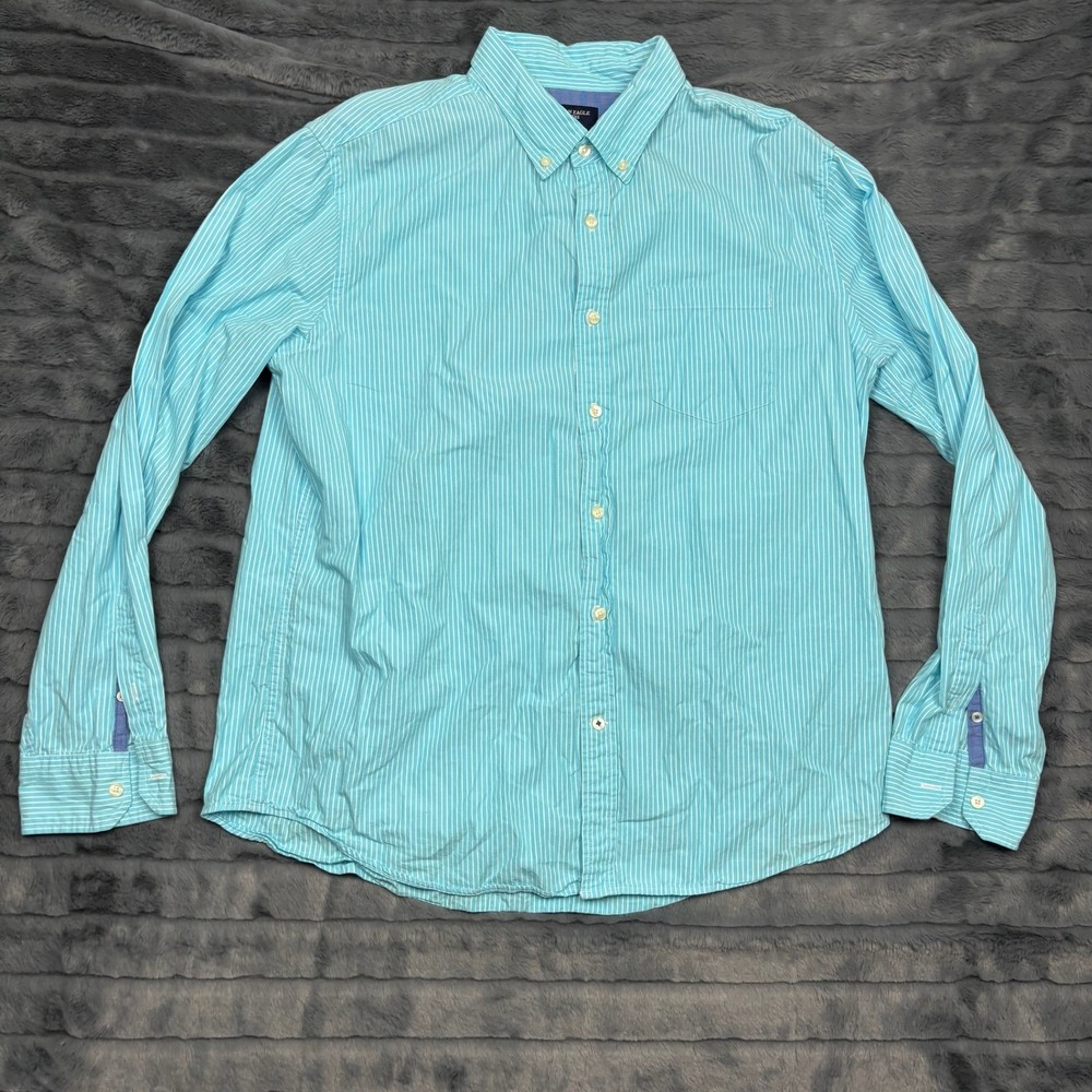 American Eagle Athletic Fit Striped Button Down Shirt Mens XL Blue White Cotton